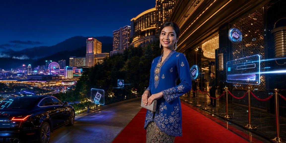 Pemain wanita berbaju kurung menikmati pengalaman pertaruhan kasino di Genting Highlands dengan telefon pintar