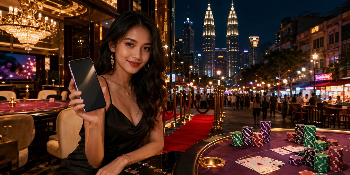 Pemain menikmati permainan slot dalam talian di Kuala Lumpur pada waktu malam dengan skrin berwarna-warni